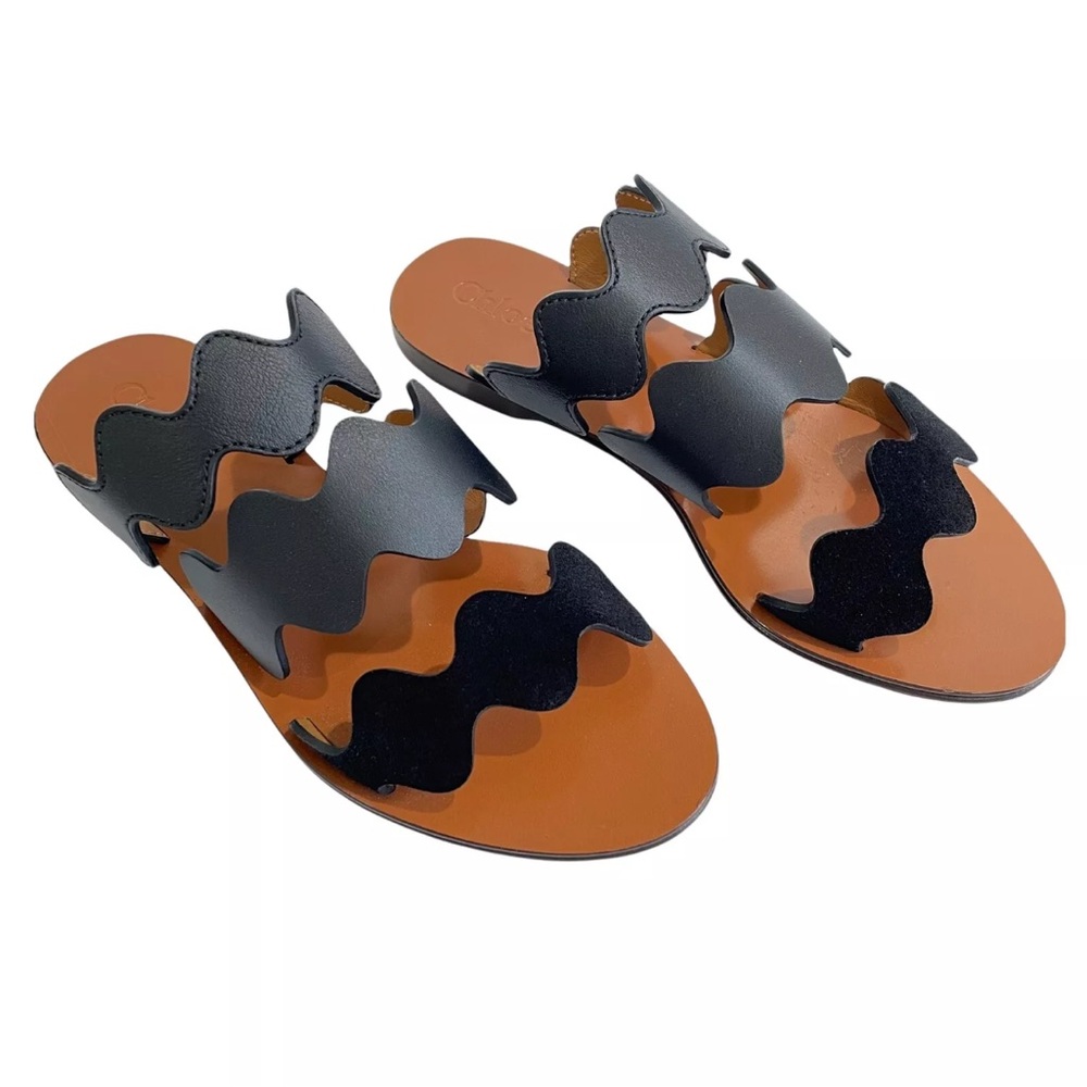 Chloe Lauren Slide Sandals Size 34 Black Scalloped Textured Leather Suede